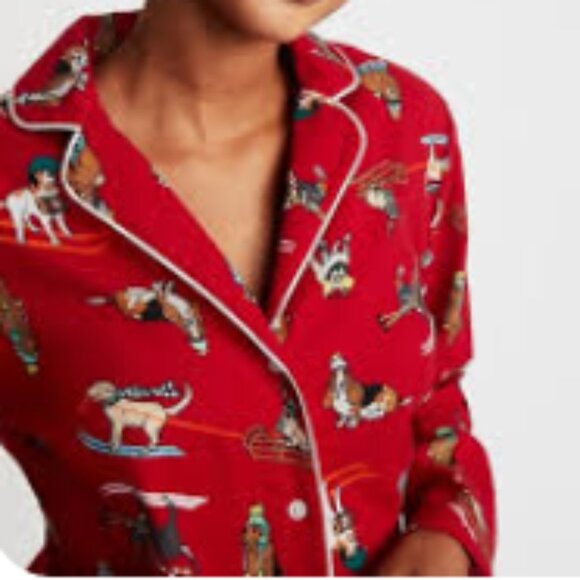 Old Navy Flannel Pajama Set Women’s Size Medium 2 Piece Set Ski Dogs Red Cotton - Picture 2 of 13